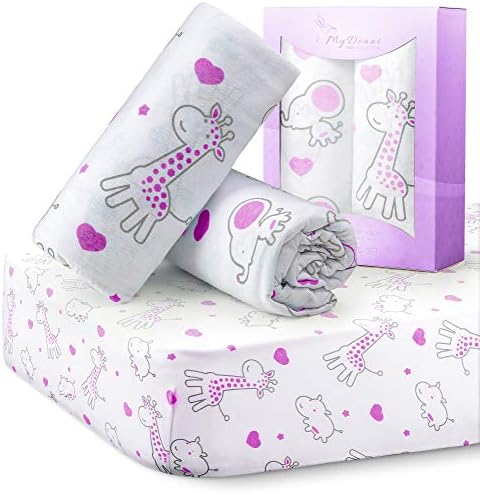 Stretchy Fitted Crib Sheets for Baby Girls, Ultra Soft Jersey Knit Cotton, Fits Standard Crib & Toddler Mattress, Size 28in x 52in, 2 Pack Set, Purple Elephants & Purple Animals Nursery Sheet