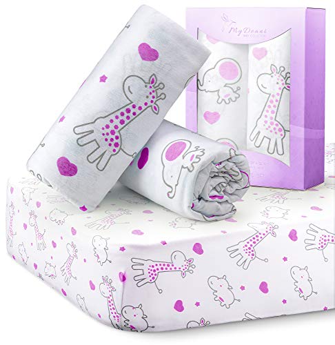 Stretchy Fitted Crib Sheets For Baby Girls, Ultra Soft Jersey Knit Cotton, Fits Standard Crib & Toddler Mattress, Size 28In X 52In, 2 Pack Set, Purple Elephants & Purple Animals Nursery Sheet #TOP6