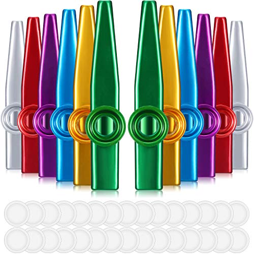 12 Pieces Metal Kazoos Musical Instruments Colorful Kazoos with 30 Pieces Kazoo Flute Diaphragms for Guitar, Ukulele, Violin, Piano Keyboard for Kids Music Lovers, 6 Colors