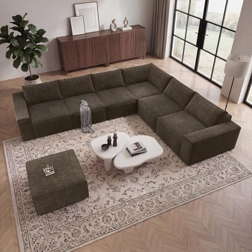 Image of Vesgantti 143.7 inch Boneless Couch for Living Room, 6 Seater Modular Sectional Sofa with Ottoman & Deep Seat, Convertible Chenille Oversized Cloud Couches, No Assembly Required, Dark Brown