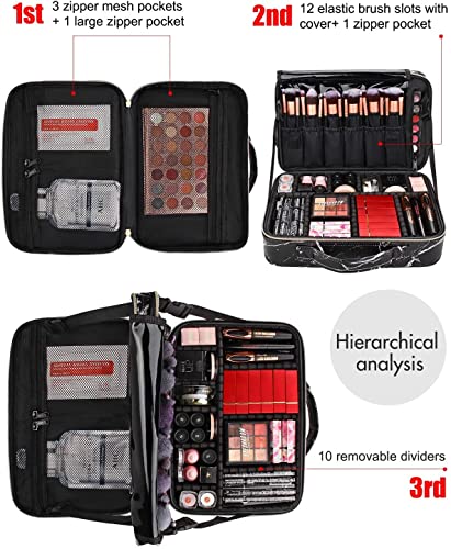 Image of Professional Cosmetic Bag, Makeup Organizer Bag for Home & Travel Vanity Bag, Makeup Train Case, Adjustable Brush Dividers, Shoulder Strap, Cosmetic Organizer (Black Marble) (34x23x12 cm)
