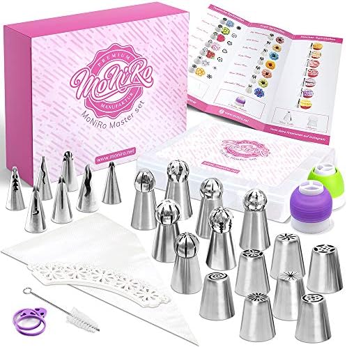 MoNiRo 91 Piece Piping Nozzle Set – Professional Stainless Steel Russian Nozzles Attachments + Silicone Piping Bag, Disposable Piping Bag, Cupcake Decoration Baking Set, Cake Decorating