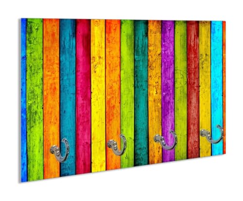 Wallario Handtuchhaken für Bad & Küche aus Glas 30 x 20 cm, Wand Handtuchhalter mit 4 Haken, Motiv: Buntes Holz - Bunte Streifen mit Farbe und Holzstruktur
