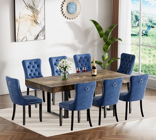Image of Rustic Brown Dining Room Table Set for 8, 9-Piece 63 inch-78.74 inch Extendable Dining Table Set with 8 Upholstered Chairs, Rectangle Wooden Expanding Kitchen Table and Blue Chairs Set