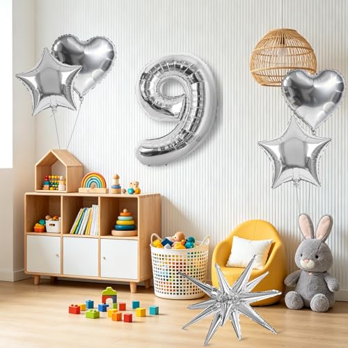 Image of TONIFUL 9th Birthday Balloons Kit 40Inch Silver Large Number 9 Foil Balloon | with 18Inch Helium Mylar Heart Star Balloons for Kids Women Men Birthday Anniversary Graduation New Year Eve Party Decoration