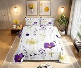 Erosebridal Watercolor Floral Comforter Set Twin Size, Purple Yellow Flower Bedding Set for Teens Adult Women Bedroom, Modern Minimalist White Down Comforter Pastoral Branches Aesthetic Quilt