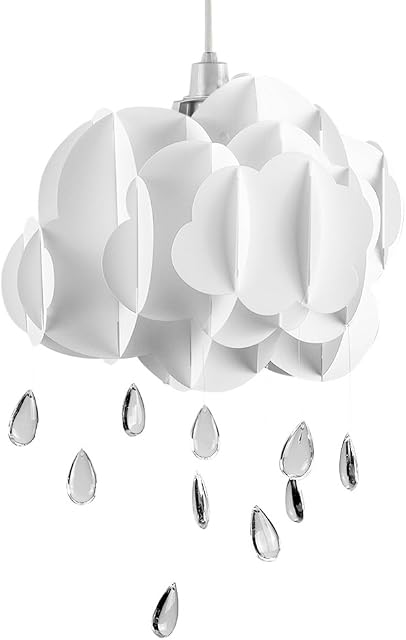 White Layered Rain Cloud Ceiling Pendant Light Shade with Acrylic Jewel Raindrop Water Droplets