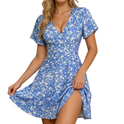Vestiti Estivi Donna Abito Chemisier Corti Vestitini Fiori Estivo Vestito Primaverile Corto Da Mare Elegante Abiti Curvy Abitini Eleganti Casual Cotone Prendisole Taglie Forti a Senza Maniche blu S