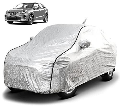 FABTEC Waterproof Car Body Cover for Maruti Baleno with Mirror and Antenna Pocket, Soft Cotton Lining, Triple Stitched (Heat Resistant Metallic Silver with Black Piping) (Image - 1)