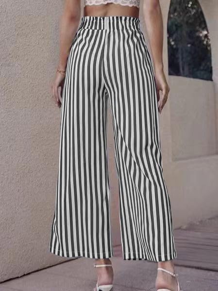 utcoco 2025 Side Slit Striped Pants for Women Casual High Waist Wide Leg Trousers with Belt2