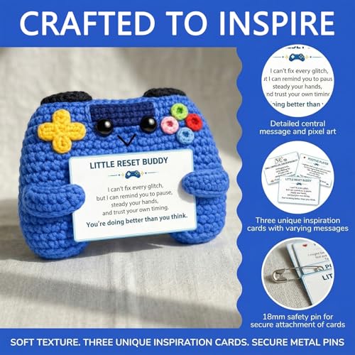 Blue Game Controller Plush – Handmade Crochet Gaming Buddy with 3 Inspirational Message Cards – Motivational Gift for Gamers, Teens & Adults – Cute Desk Decor for Video Game Lovers - Image 3