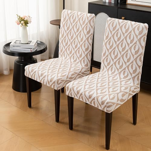 Image of HOMETHREADS Stretchable Elastic Jacquard Chair Seat Cover - Removable & Washable, Durable Seat Protector for Dining Room, Kitchen, Restaurant & Party Chairs (Beige, Pack of 2)
