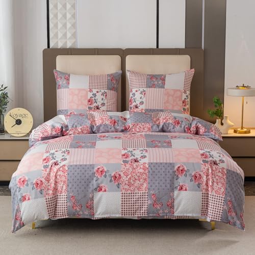 Cotton Market Juego de ropa de cama de 3 piezas, funda nórdica de 220 x 200 cm, 2 fundas de almohada de 70 x 80 cm, diseño de patchwork, diseño de rosas, de cachemira, microfibra con cremallera