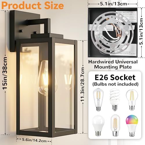 Image of 2-Pack Outdoor Wall Light Fixtures, Black Exterior Waterproof Wall Lanterns, Anti-Rust Porch Lights Outdoor with E26 Socket & Tempered Glass, Modern Outside Lights for House Front Door Patio, 15 Inch