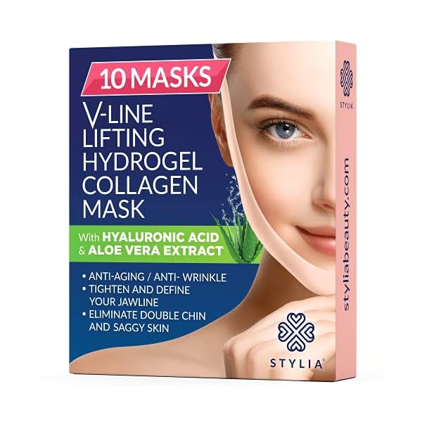 10-Piece-V-Line-Shaping-Face-Masks--Lifting-Hydrogel-Collagen-Mask-with-Aloe-Vera--Anti-Aging-and-Anti-Wrinkle-Band-Double-Chin-Reducer-Strap-Contouring-Slimming-and-Firming-Face-Lift-Sheet Stylia V-Line Lifting Collagen Face Mask with Hyaluronic Acid & Aloe Vera - Spa Quality Double Chin Strap - Collagen Mask for Women - Jawline Shaper Face Lift Tape - Chin Strap for Sleeping - 10PC