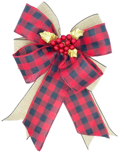 MILO & BATA 6 Decorative Tree Bows, Christmas Wreath and Garland, Great for Large Gifts, Home Decoration, Weddings, Celebrations, New Years Day, Tree Topper (Burlap, Red/Black Squares)