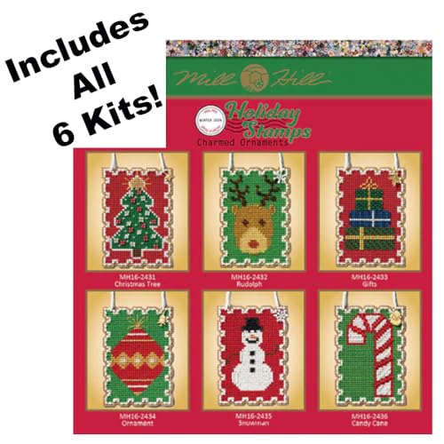 Image of Holiday Stamps Charmed Ornament Beaded Cross Stitch Kits, Set of 6 - Mill Hill Ornament Kits 2024 - Plus Decorative 'Needleworker' Sticker