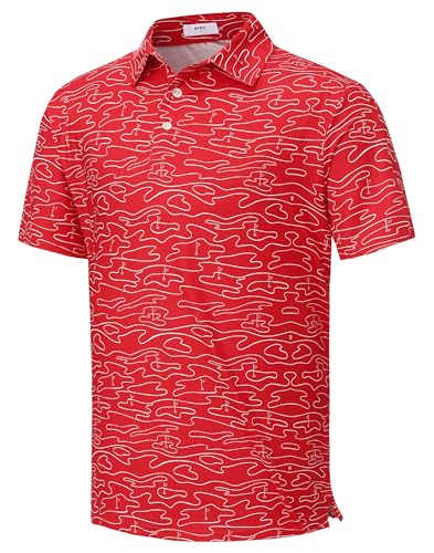 KYKU Mens Golf Shirts Short Sleeve Print Moisture Wicking Polo Shirt Red XL