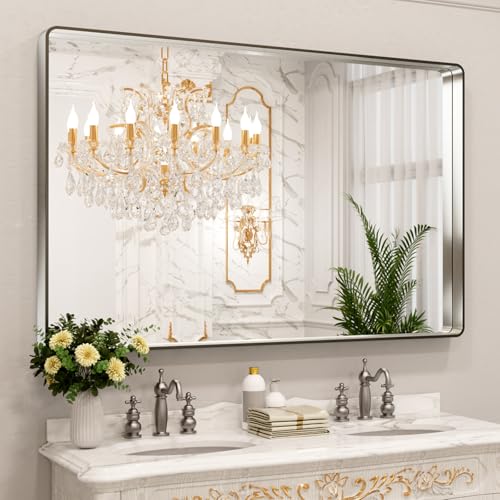 LOAAO 60X40 Inch Brushed Nickel Bathroom Mirror, Rounded Rectangle Silver Metal Frame Mirror, Brushed Nickel, Anti-Rust, Shatter Proof, Hangs Horizontally or Vertically