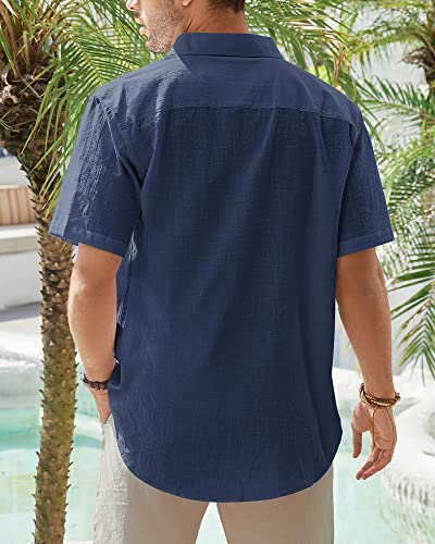 J.VER Men's Half Sleeve Linen Shirt Solid Casual Button Down Shirts Summer Beach T-Shirt with Pocket Navy Blue Large