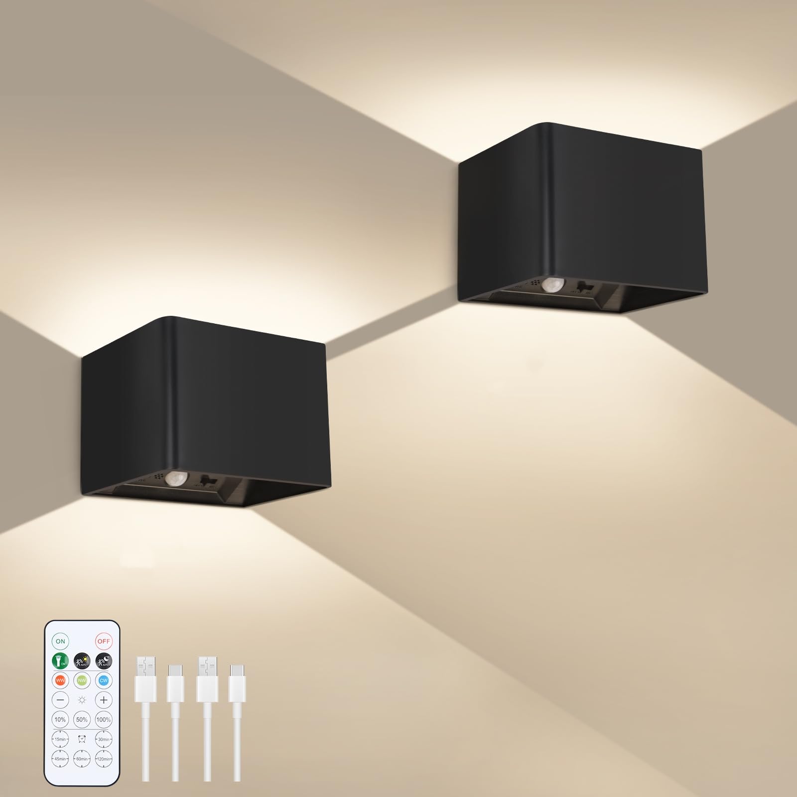 AVANLO 2PCS Rechargeable Wall Lights Indoor with Motion Sensor, Remote Control, 3 Dimmable Color
