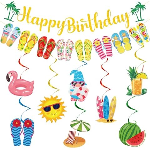 VorkiVecKi Summer Birthday Party Decorations - Beach Party Pool Decor 10PCS Hanging Swirl Banner Flip Flop Slippers Swirls Summer Birthday Hawaiian Supplies for Holiday Celebration Outdoor Cover