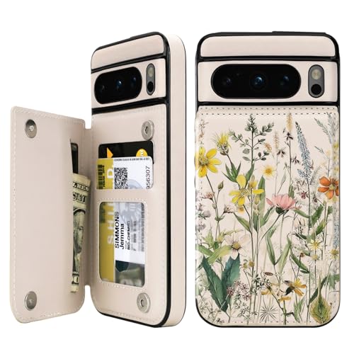 uCOLOR Compatible with Google Pixel 8 Pro Wallet Case with Card Holder Slot Folio Flip PU Leather Cover for Women Girls (Desert Flowers)