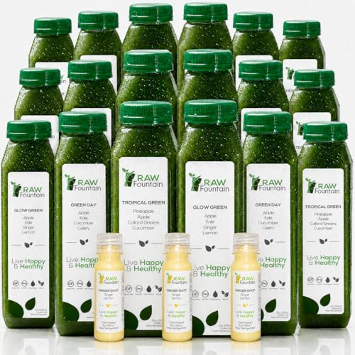 3 Day Green Juice Cleanse by Raw Fountain All Natural Raw Vegan Detox Cold Pressed Juice Great Way to Detox Your Digestive System Kosher Gluten Free NO Added Sugar 18 Bottles 12oz 3 Ginger Shots 2oz