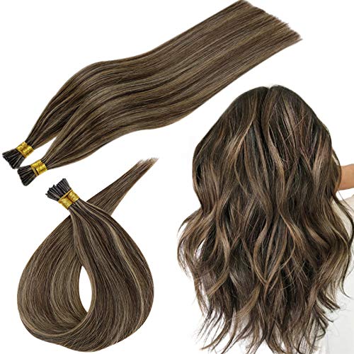 RUNATURE 18 Inch Fusion Hair Extensions Human Hair 50 Strands 50 Grams I Tip Extensions 1g Per Strand Light Brown Highlighted Darkest Brown Keratin Bond Hair Extensions Human Hair