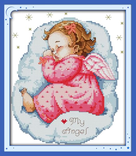 Image of JOYSEWING Angel Girl Printed Cross Stitch for Adults Beginners Stamped Kits Counted Embroidery for Beginner Easy DIY Craft kit 11CT Cross Stitch Patterns-Asleep Angel (Girl) (Printed) 11x13.8 inch