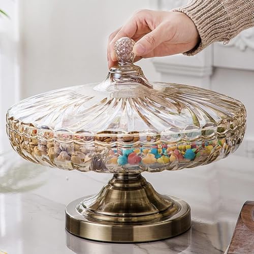 Plateau à goûter en verre divisé avec couvercle, 5 compartiments pour noix, fruits secs, base en métal, plateau de service pour table basse, décoration d'intérieur