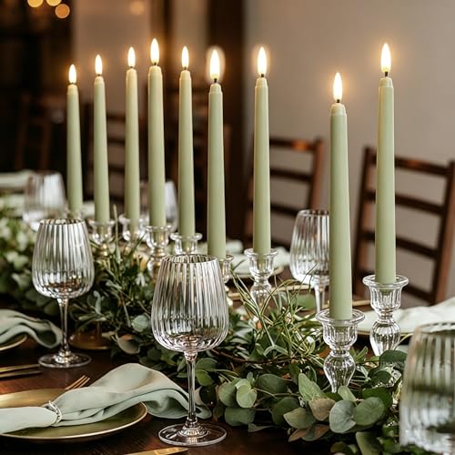 Image of Sage Green Flameless Taper Candles with Remote, Flickering Battery LED Candlesticks Home Decor Set of 4