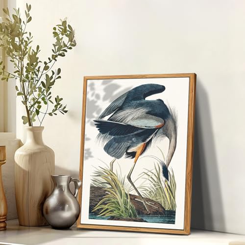 crmotu Bird Framed Wall Art, Blue Heron Vintage Decor Paintings, Nature Animal Canvas Art Prints, Still Life Aesthetic Pictures Wall Decor Living Room Bedroom Bathroom Farmhouse Cottage, 12x16inch