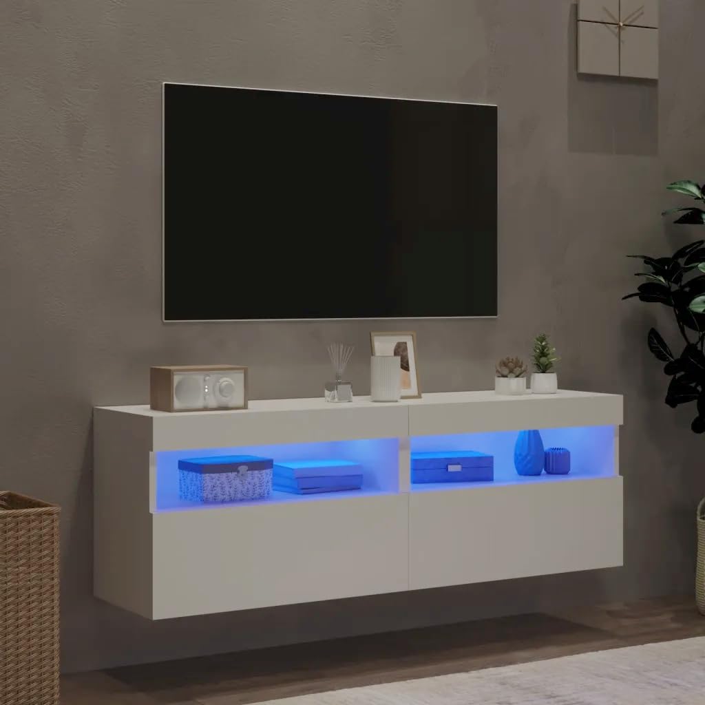 Canditree 2 pcs Floating TV Cabinet with LED Lights, Floating TV Stand with Storage, Floating TV Shelf Wall Mounted Entertainment Center, 120 cm (White)