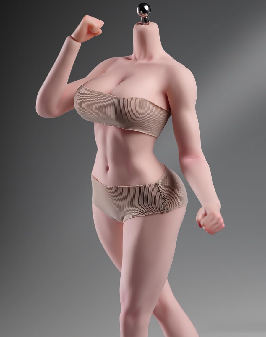 1/6 Scale Strong Muscle Female Action Figure Body, 12 inches Seamless Soft Flexible Bodybuilding Body Shape Female Action Figure - Detachable 5 Pairs of Hands & 2 Pairs of Feet Shapes (Pale skin)