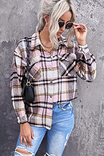Yocur Womens Flannel Fall Plaid Jackets Button Down Shirt Fall Tops Long Cardigans Casual Outwear Teen Girls Jacket Pink Xxl1 #TOP3
