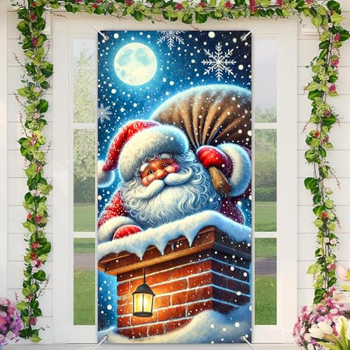 BlissYard Holiday Door Cover Wrapped Box Santa 35x71 Inch Polyester