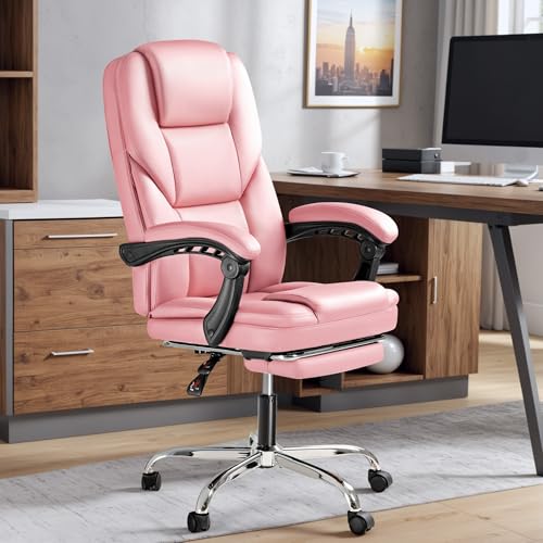 Image of Furmax Executive Office Chair with Foot Rest Big and Tall Office Chair Ergonomic Home Office Desk Chairs Reclining High Back Leather Chair with Lumbar Support, 400LBS (Pink)