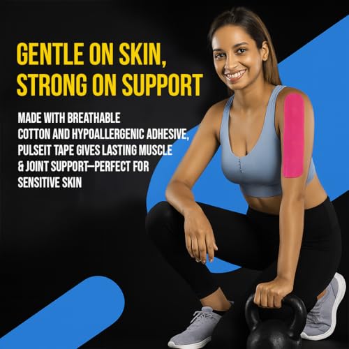 Image of PulseITSportsTape Kinesiology Tape- Waterproof & Sweatproof Sports Tape for Muscle Support, Pain Relief & Injury Recovery | Athletic Physio Tape for Knee, Shoulder, Ankle. 5cm x 5m (Plain, Pink)