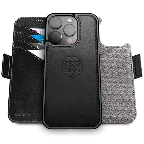 dreem Wallet Case for iPhone 16 Pro Max, Revolutionary Vert/Hor Phone Stand, Magnetic Detachable Vegan Leather Flip Cover RFID Blocking Card Holder, MagSafe-Fit, Gift Box [Fibonacci: Black]