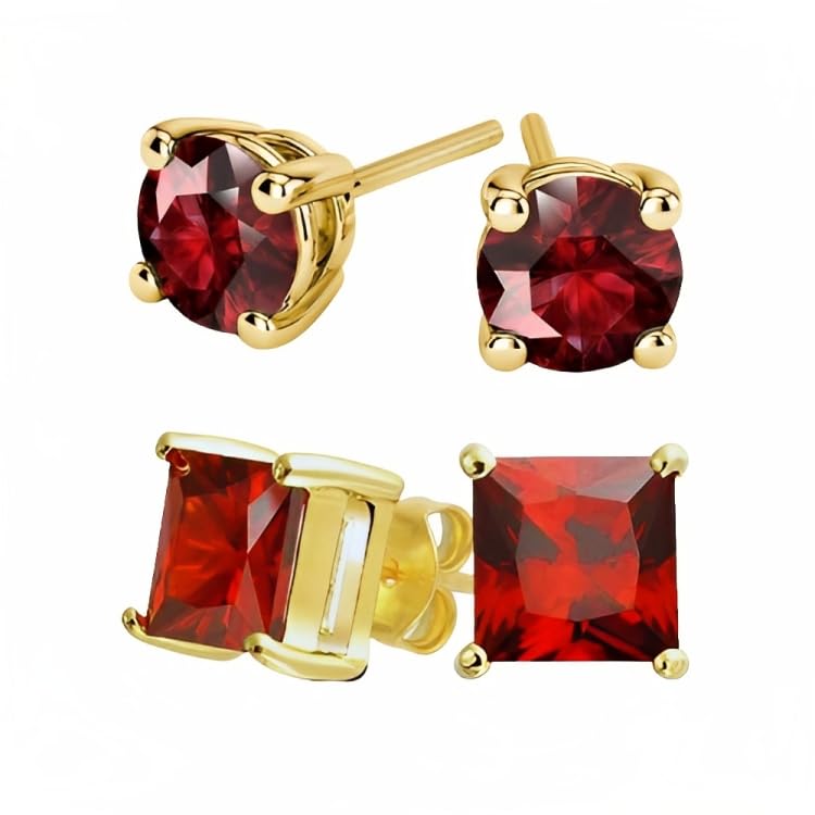 Paris Jewelry18k Yellow Gold 2 Pair Created Ruby 6mm Round & Princess Cut Stud Earrings Plated, 18k Yellow Gold Plated, Created Ruby