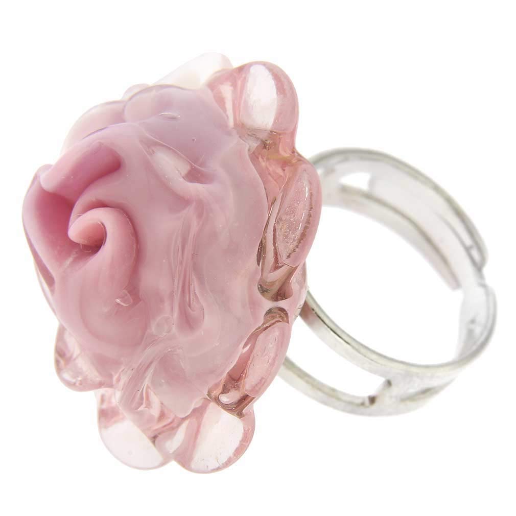 Anillo de cristal de Venecia con flor de rosa de Murano de 1 pulgada, anillo de tamaño ajustable en rosa rosa. Vidrio soplado - Anillos de cristal de Murano para mujer hechos a mano en Italia