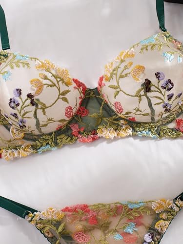 Image of Sexy Floral Embroidered Flower Mesh Underwire Push Up Lingerie Set