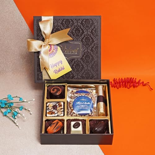 Image of Velvet Fine Chocolates Strong Bond Box | Assorted Chocolates & Evil Eye Rakhi Combo | Perfect for Siblings | Handmade Delights | Pack of 1