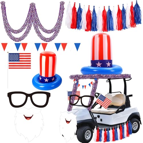 Suncalla 4Th Of July Golf Cart Decoration Kit Patriotic Parade Golf Cart Decor Including Hat Glasses Beard Flags Garlands Pennant Banner