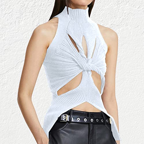 Image of Women Strapless Crop Top Sexy Hollow Out Twist Front Knitted Tank Tops Sleeveless Y2K High Neck Cut Out Sweater Vest