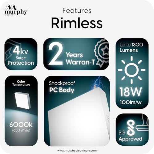 Image of Murphy 18W LED Rimless Square Surface Panel Light | Cool White 6000K | Up to 1800 Lumens | 4kV Surge Protection | Shockproof PC Body | BIS Approved | 2 Years Warranty |Pack of 20