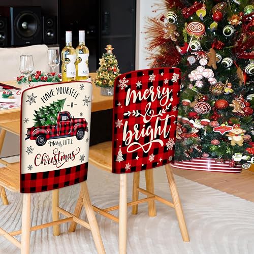 Image of TREWAVE Christmas Chair Covers Set of 6 Buffalo Plaid Chair Back Covers Holiday Dining Chair Slipcovers Protector Kitchen Dining Room Decor Festival Party Decoration