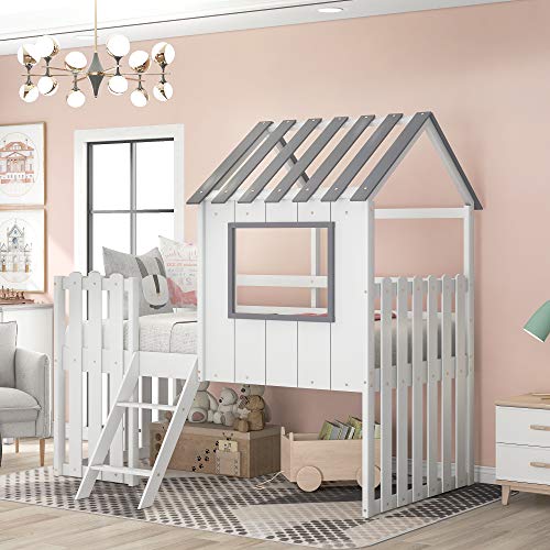 Kteam Twin Size House Loft Bed, Low Loft Bed with Roof and Rustic Fence-Shaped Guardrail, Kid's Solid Wood Loft Bed (White)
