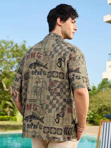 Image of The Souled Store Harbour Heritage Men and Boys Short Sleeve Cuban Collar Green All Over Print Summer Ready Streetwear Casual Cotton Oversized Shirt